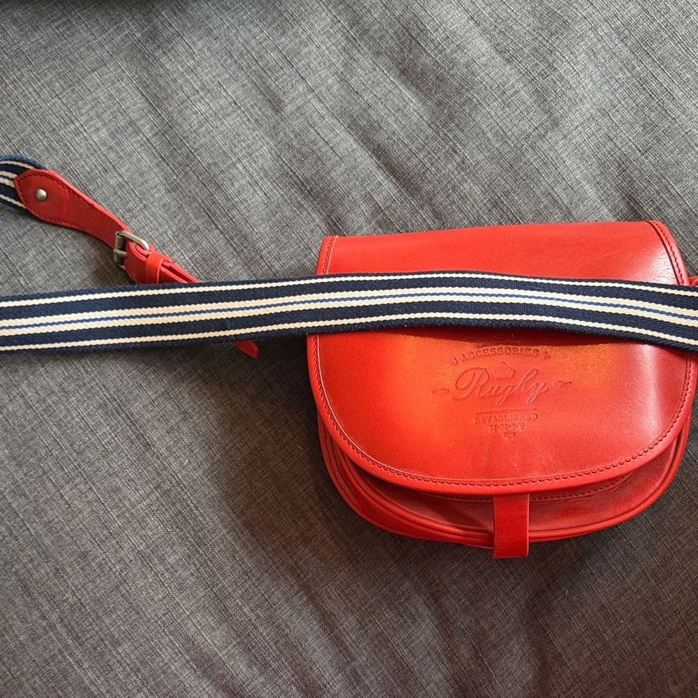 Rugby Ralph Lauren Leather Red Saddle Bag with Blue and White Striped Strap - Picture 10 of 10